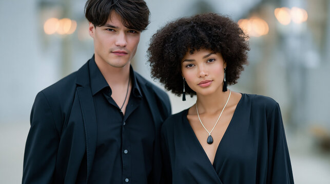Vamp Romantic. Young couple posing together in stylish black outfits, with soft lighting and blurred background featuring decorative lights and elegant architecture