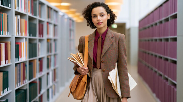 Poetcore. Young woman with curly hair wearing a brown blazer and beige skirt carries books and a bag while walking through a library aisle lined with shelves of books