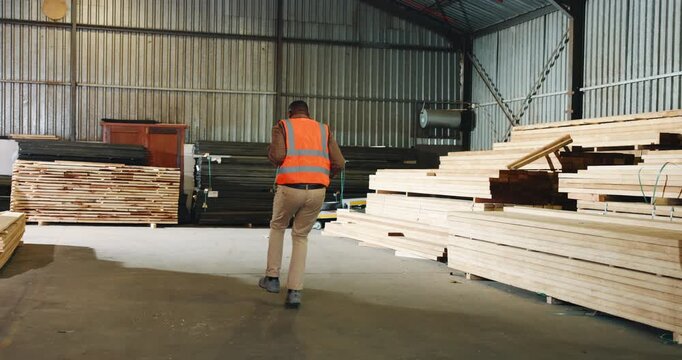 Excited, man or carpenter in factory with dance, clipboard or success for woodwork procurement deal. Happy, black person and groove in warehouse with checklist, celebration and carpentry achievement.