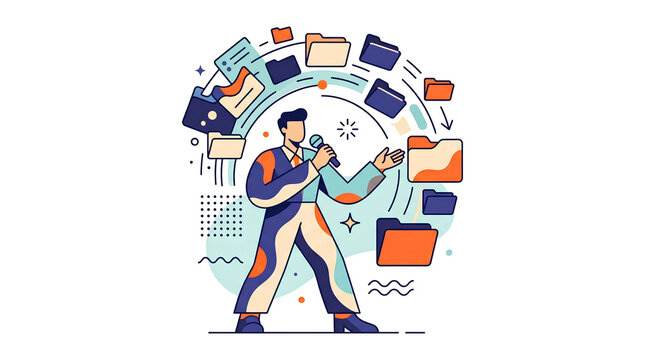 Illustration of a man managing and presenting digital data with swirling folders and information icons in a dynamic, organized flow.