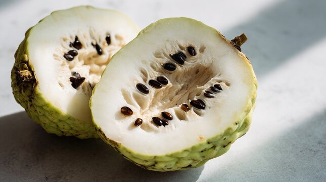 Fresh cherimoya creamy white flesh seeds
