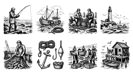 Fototapeta premium Hand drawn fishing icons set. Vintage maritime illustrations of fishermen and sea gear.