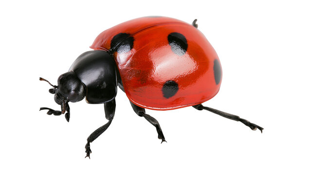 Shiny red ladybug with black spots, isolated on transparent background
