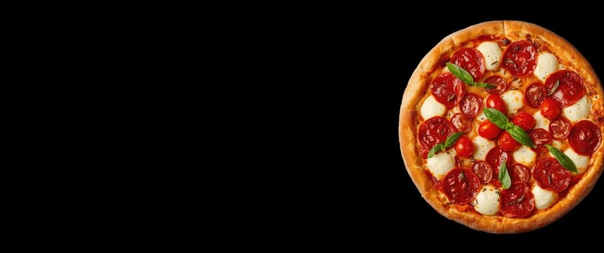 Pepperoni Pizza Topped with Mozzarella and Basil on Black Background