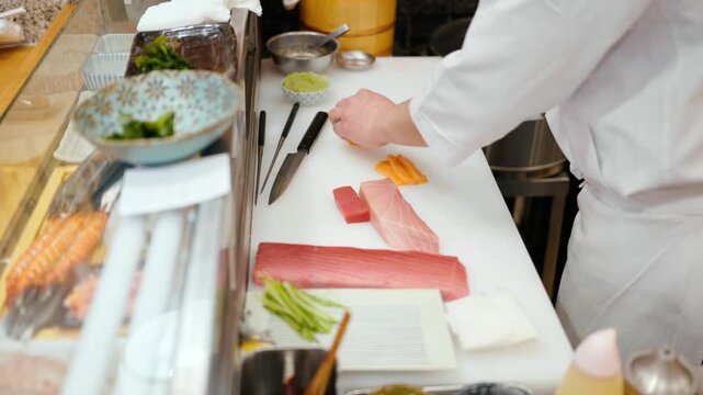Professional sushi chef slicing fresh tuna and salmon sashimi in traditional restaurant kitchen.