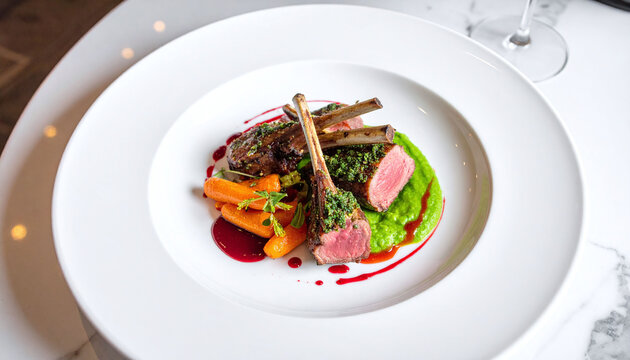 A succulent herbcrusted lamb rack served with vibrant pea puree and glazed carrots on a white plate. This fine dining dish exudes elegance, perfect for luxury menus. Nobody present, no people.