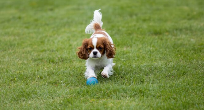 Cavalier King Charles Spaniel Running on Grass with a Blue Ball