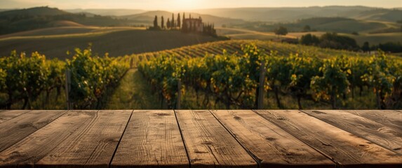 Obraz premium Wooden Table Overlooking Vineyards at Sunset in a Scenic Countryside Landscape