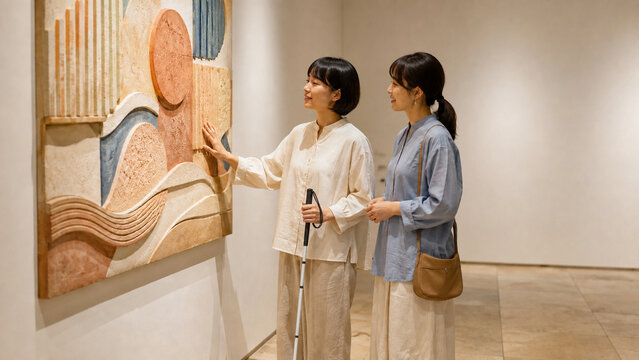 Woman with a white cane touching a tactile relief artwork beside a smiling friend in an accessible gallery, 白杖の女性がレリーフ作品に触れて鑑賞する展示室 寄り添う友人とバリアフリーの美術館
