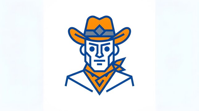 Modern minimalist line art vector logo icon of a cowboy wearing a hat and bandana