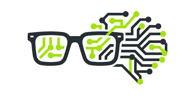 Smart glasses icon with digital brain circuit board pattern representing augmented reality and artificial intelligence