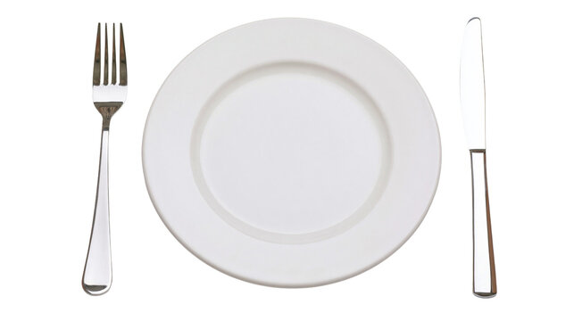 White ceramic plate with fork and knife, isolated on transparent background