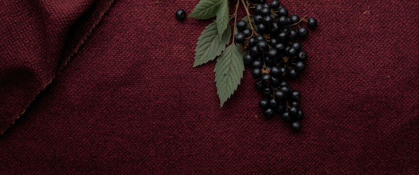 Black Currant Bunch with Leaves on Burgundy Fabric Background