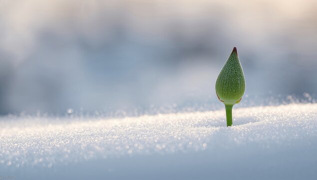 New Bud Emerging from Snow in Soft Morning Light