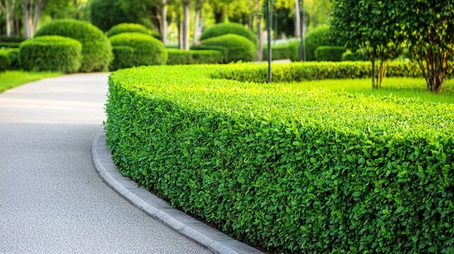 privet. A neatly trimmed green hedge wall surrounding a garden path in soft morning light. gardening catalogs, home-decor guides, designed for gardening and botanical catalogs.