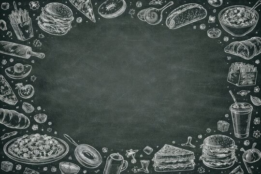 Chalkboard Menu Background with Sketches of Various Fast Foods