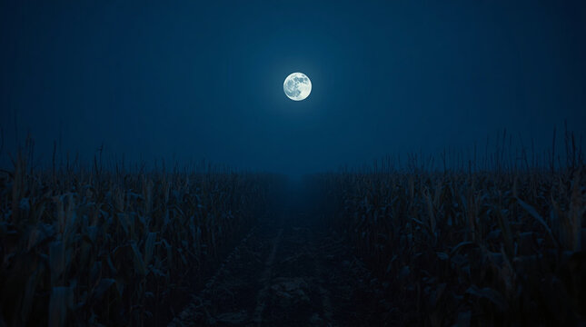 Full moon above a cornfield at night &mdash; part of a folk horror and dark poetry series