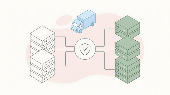 Isometric data migration vector illustration showing secure server transfer database backup network protection and digital transport diagram