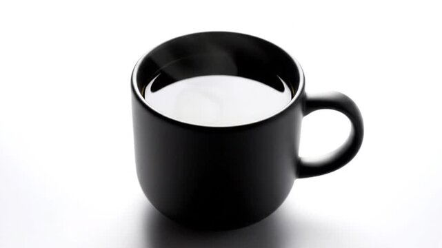 Simple black mug filled with a clear liquid, captured in a minimalist style on a white surface