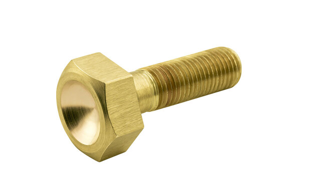 Hexagonal brass bolt with threaded shaft, isolated on transparent background