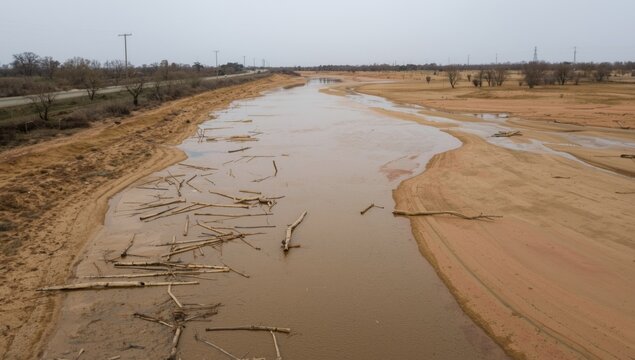 Dry Riverbed with Exposed Sand and Driftwood Under Overcast Sky
