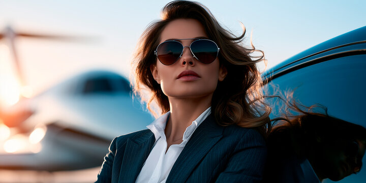 Successful businesswoman standing by private jet and luxury sports car on runway