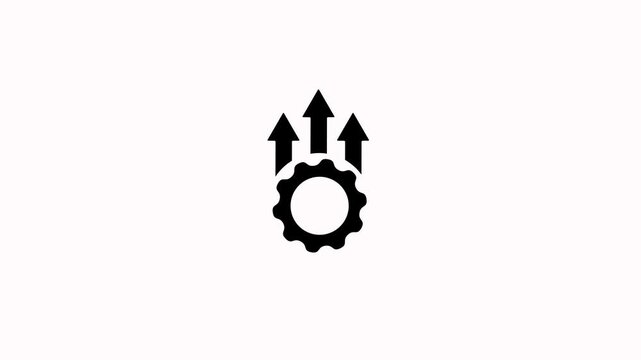 Gear rotating icon with up arrows animation on white background. Animated upward arrow above a gear icon. Gear mechanism producing three rising arrows representing optimized process growth trends