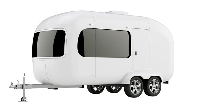 Modern white teardrop camper trailer with tinted windows, isolated on transparent background