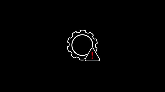 Gear and triangle with exclamation mark warning animation on black background. Gear with error sing. System error warning gear icon. Alert failure animation for maintenance and technical error alert