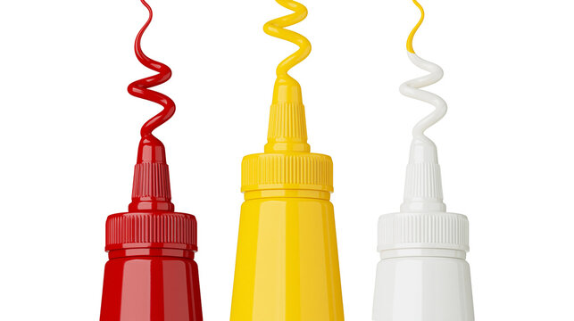 Red yellow and white sauce bottles with swirling condiments, isolated on transparent background