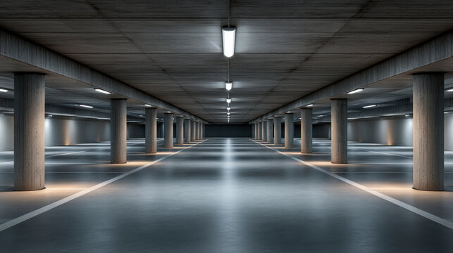 Empty underground parking garage concrete pillar modern lighting spacious clean urban symmetrical industrial architecture interior