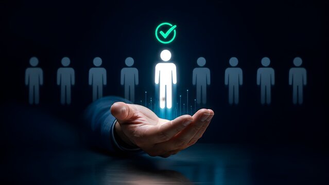 Hand presenting a glowing white candidate figure with a green checkmark standing out from a row of dark figures, symbolizing the selection of the best talent.