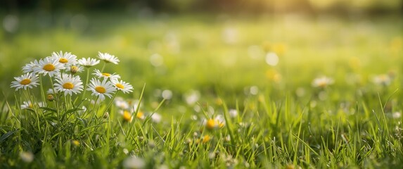 Daisies Blossoming in a Lush Green Meadow During Golden Hour © VirtualVista