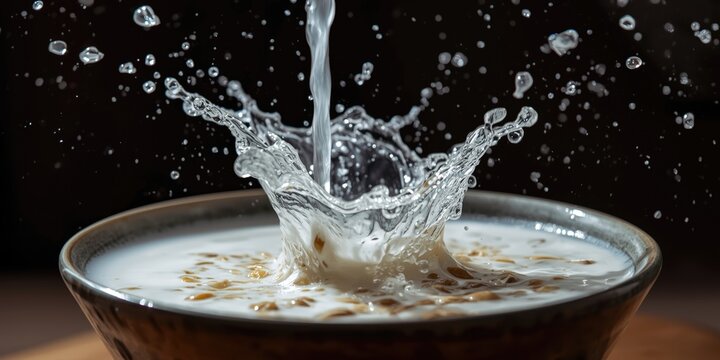 Water Splashing into a Bowl of Milk with Granola on a Dark Background