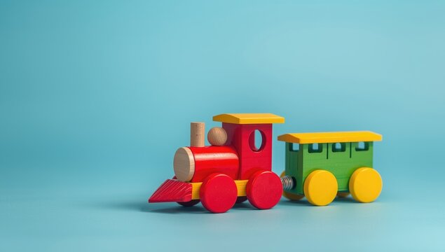 Colorful Wooden Toy Train on Blue Background