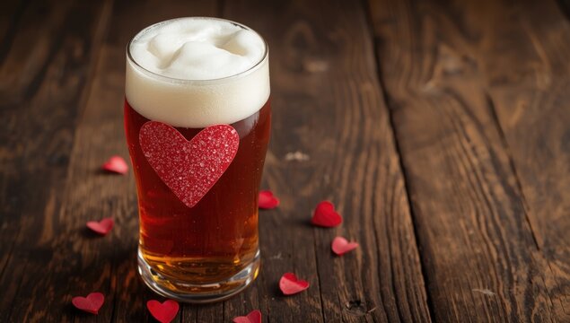 Glass of Beer with Heart Shaped Decoration on Wooden Table with Red Confetti Hearts
