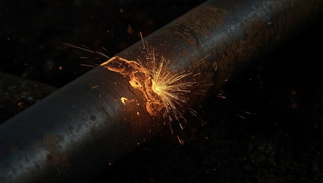 Spark Explosion from Metal Surface During Welding Process at Night