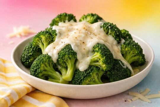 Steamed Broccoli Topped with Cheese Sauce on a Colorful Background