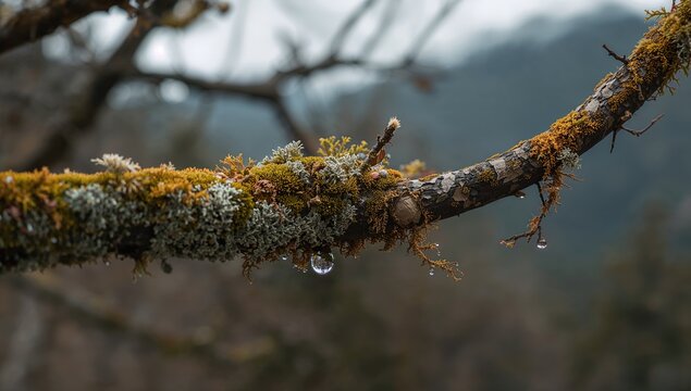 Moss Covered Branch with Water Droplets in a Misty Forest Setting