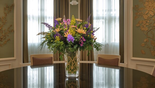 Vibrant Flower Arrangement in Glass Vase Centered on Elegant Dining Table