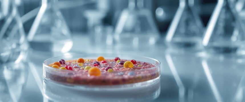 Colorful Petri Dish with Gel Beads in a Laboratory Setting