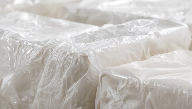 White Wrapped Packages Stacked in Textured Plastic on a Light Background