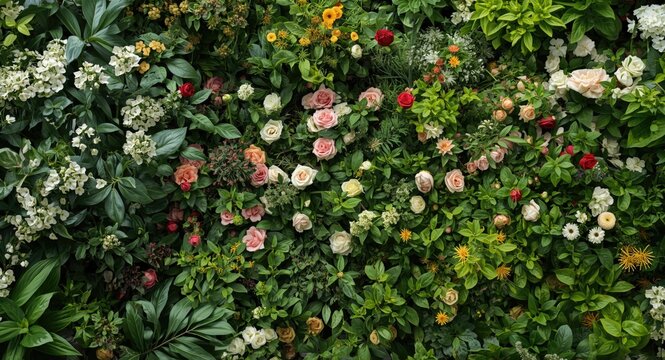 Lush Floral Wall Filled with Colorful Roses and Green Foliage