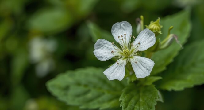 White Flower with Delicate Petals Surrounded by Green Leaves in Soft Focus