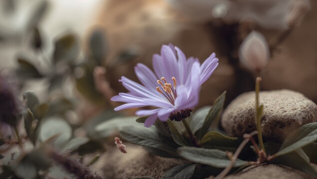Delicate Purple Flower Growing Among Stones with Soft Natural Lighting
