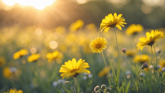 Yellow Daisies Blooming in a Sunlit Field During Golden Hour