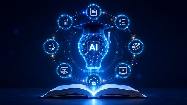 Futuristic AI education concept with light bulb and graduation cap surrounded by circular digital learning icons over an open book