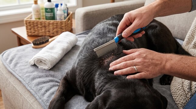 Flea infestation in dog fur, fleas and flea dirt visible during home grooming inspection with comb