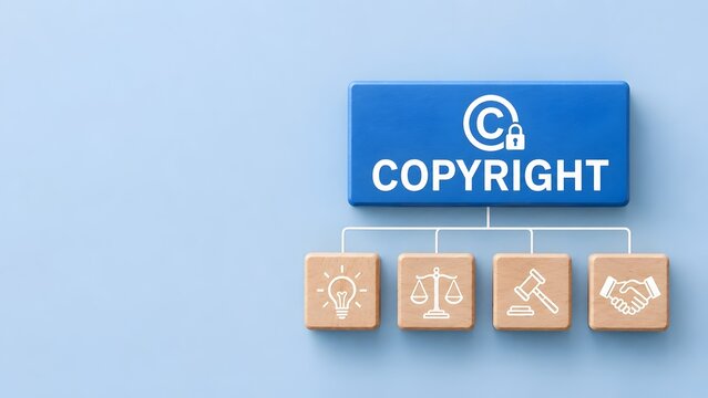 Copyright and intellectual property concept featuring a blue block connected to legal icons for justice law agreement and idea protection.