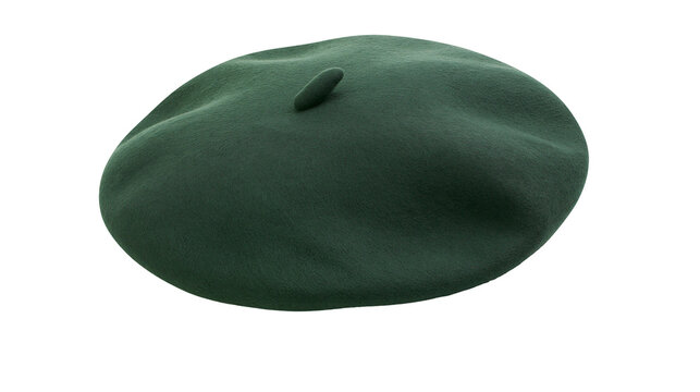 Dark green felt beret with a small knob on top, isolated on transparent background